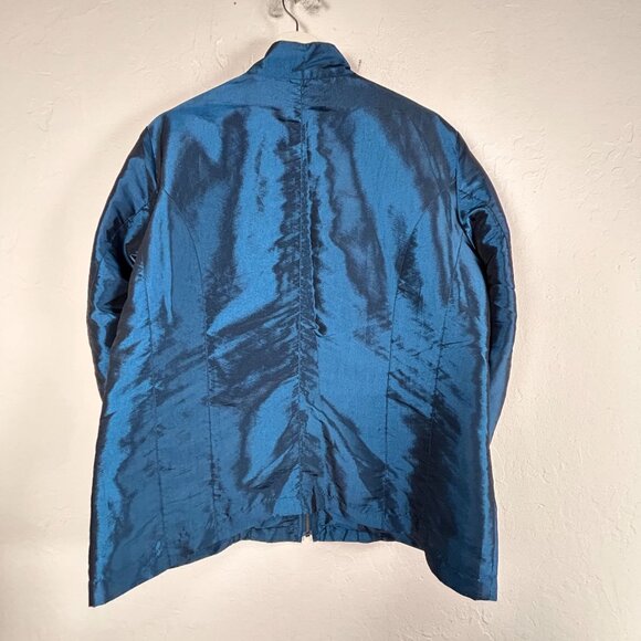 Chico's Womens Size 2 Blue Shimmer Zip Jacket Ruched Sleeve Lightweight Pockets - Picture 2 of 7